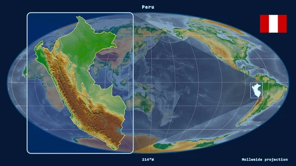 Vergrößerte Ansicht Von Peru Mit Perspektivischen Linien Gegen Eine Weltkarte — Stockfoto