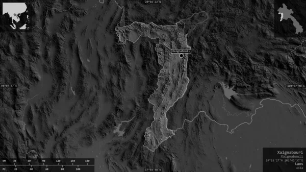 Xaignabouri Prowincja Laos Mapa Szarości Jeziorami Rzekami Kształt Przedstawiony Swoim — Zdjęcie stockowe