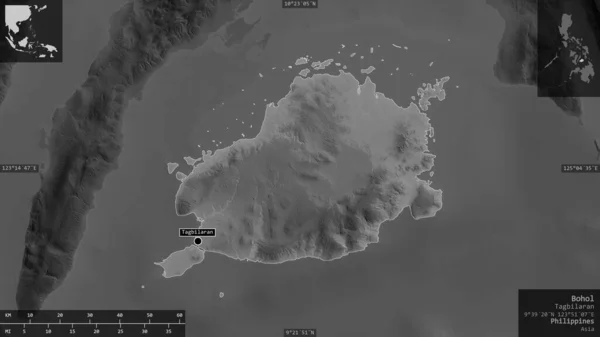 フィリピンのボホール州 湖や川とグレースケールの地図 有益なオーバーレイとその国の領域に対して提示形状 3Dレンダリング — ストック写真