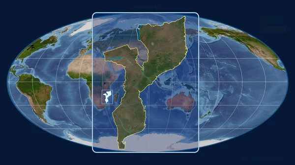 Mozambik Körvonalaira Való Ráközelítés Perspektívákkal Mollweide Projekció Globális Térképével Szemben — Stock Fotó