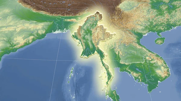 ミャンマーとその周辺 遠くの斜めの視点 形状が光った 色物理図 — ストック写真
