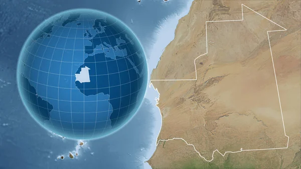 Mauritania Globo Con Forma Del Paese Contro Mappa Ingrandita Con — Foto Stock