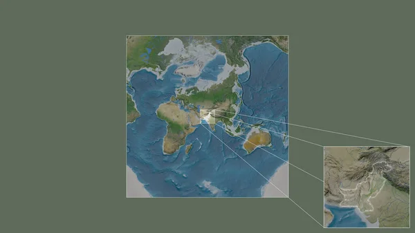 世界の大規模な地図から抽出されたパキスタンの拡大拡大領域と フレームの隅を結ぶ主要線 衛星画像 — ストック写真