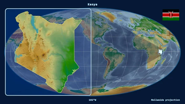 将肯尼亚的轮廓放大 用透视线与Mollweide投影中的全球地图相对照 在左边的形状 彩色物理图 — 图库照片