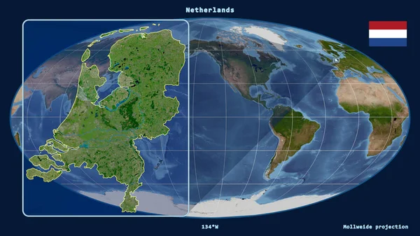 Увеличенный Вид Нидерландов Перспективными Линиями Против Глобальной Карты Проекции Моллвейда — стоковое фото