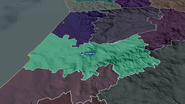 Coimbra - district of Portugal zoomed and highlighted with capital. Colored and bumped map of the administrative division. 3D rendering