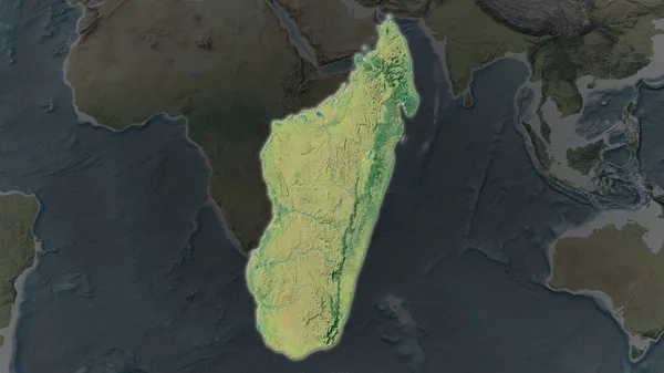 Área Madagascar Agrandó Brilló Sobre Oscuro Fondo Sus Alrededores Mapa — Foto de Stock