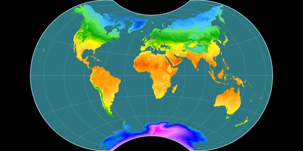 World map in the Maurer Apparent Globular projection centered on 11 East longitude. Mean annual temperature map - raw composite of raster with graticule. 3D illustration