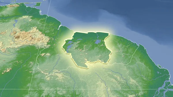 Surinam Vecindario Perspectiva Oblicua Distante Forma Brillaba Mapa Físico Color — Foto de Stock