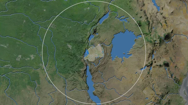 卢旺达扩大的地区在其邻近地区的背景下被一个圆圈所包围 卫星图像 — 图库照片