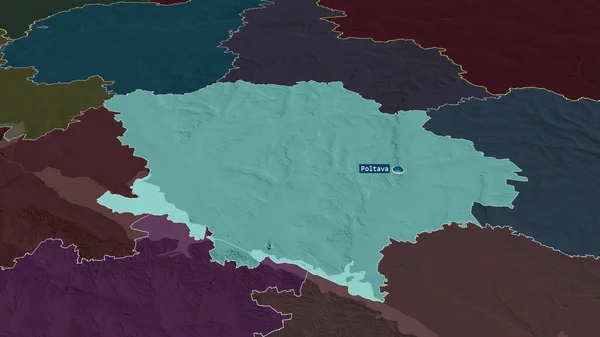 Poltava Região Ucrânia Ampliou Destacou Com Capital Mapa Colorido Esburacado — Fotografia de Stock