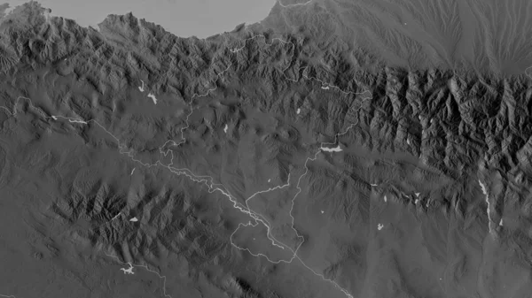 Comunidad Foral de Navarra, autonomous community of Spain. Grayscaled map with lakes and rivers. Shape outlined against its country area. 3D rendering