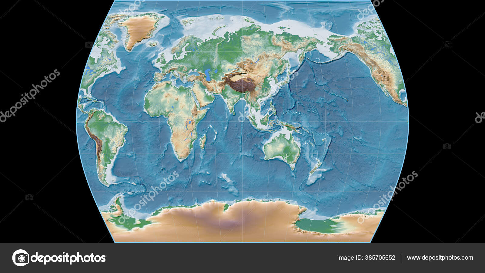 東経90度を中心としたタイムズ アトラスの投影での世界地図 色