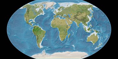 Winkel Tripel projeksiyonundaki dünya haritası 11 Doğu boylamı üzerine kuruludur. Uydu görüntüsü B - Raster 'ın nadide ve memnuniyet verici bileşimi. 3B illüstrasyon