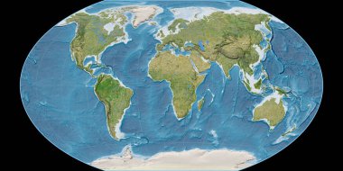 World map in the Winkel Tripel projection centered on 11 East longitude. Satellite imagery B - raw composite of raster with graticule. 3D illustration clipart