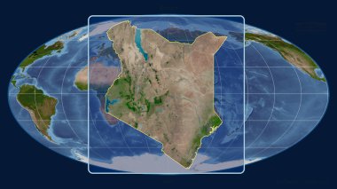 Kenya 'nın Mollweide projeksiyonundaki küresel haritaya karşı perspektif çizgileriyle yakınlaştırılmış görüntüsü. Şekil merkezli. uydu resimleri