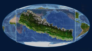Mollweide projeksiyonundaki küresel bir haritaya karşı perspektif çizgileriyle Nepal 'in ana hatlarını yakınlaştırdım. Şekil merkezli. uydu resimleri
