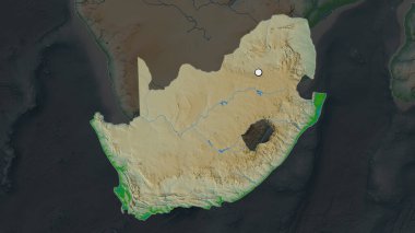 Güney Afrika 'nın vurgulanmış bölgesi. Mahallesinin doymamış haritasında sermaye noktası var. Renk fiziksel haritası