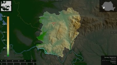 Caras-Severin, Romanya Bölgesi. Gölleri ve nehirleri olan renkli gölge verileri. Ülke alanına karşı bilgilendirici örtülerle sunulan şekil. 3B görüntüleme