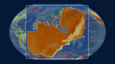 Zambiya 'nın, Kavrayskiy projeksiyonundaki küresel haritaya karşı perspektif çizgileriyle yakınlaştırılmış görüntüsü. Şekil merkezli. topografik yardım haritası