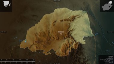 Limpopo, Güney Afrika vilayeti. Göller ve nehirlerle renkli rahatlama. Ülke alanına karşı bilgilendirici örtülerle sunulan şekil. 3B görüntüleme