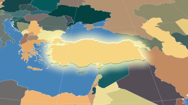 Türkiye ve mahallesi. Uzak eğimli perspektif - şekil parlıyordu. idari bölümlerin renk haritası