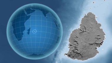 Mauritius. Zoom haritasına karşı ülkenin şekline sahip bir dünya. Gri tonlama yükseklik haritası