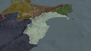 Hawke Körfezi - Yeni Zelanda bölgesel konseyi yakınlaştırıldı ve ön plana çıkarıldı. İdari bölümün renkli ve çarpık haritası. 3B görüntüleme