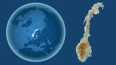 Norveç. Yakınlaştırılmış haritaya karşı ülkenin şekline sahip dünya mavi arka planda izole edilmiş. topografik yardım haritası