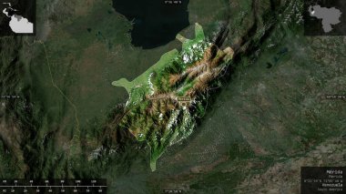 Merida, Venezuela eyaleti. Uydu görüntüleri. Ülke alanına karşı bilgilendirici örtülerle sunulan şekil. 3B görüntüleme