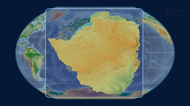 Zimbabwe 'nin, Kavrayskiy projeksiyonundaki küresel haritaya karşı perspektif çizgileriyle yakınlaştırılmış görüntüsü. Şekil merkezli. renk fiziksel haritası
