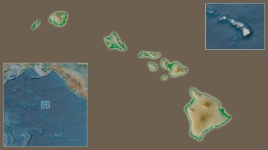 Amerika Birleşik Devletleri 'ne yakın plan Hawaii' ye ve bölgedeki konumuna ve geniş çaplı bir dünya haritasının merkezine. Renk fiziksel haritası