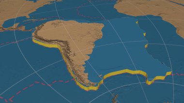 Güney Amerika tektonik plakası genişletildi, genişletildi ve Azimuthal Eşit uzaklık projeksiyonu çerçevesindeki küresel gri ölçekli yükselme haritasının güney tarafına doğru döndürüldü. 3B görüntüleme
