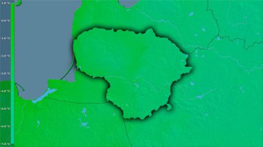 Litvanya bölgesinin en soğuk çeyreğinin ortalama sıcaklığı efsanevi stereografik projeksiyonla - koyu parlak dış hatlı raster tabakalarının ham bileşimi