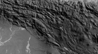 Hela, Papua Yeni Gine ili. Gölleri ve nehirleri olan gri tonlu bir harita. Ülke alanına göre şekillendirilmiş. 3B görüntüleme