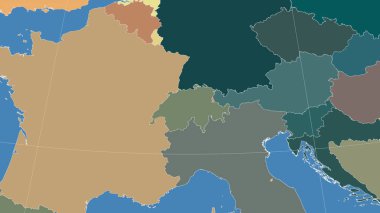 İsviçre ve komşuları. Uzak eğimli perspektif - özet yok. idari bölümlerin renk haritası