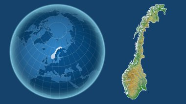 Norveç. Yakınlaştırılmış haritaya karşı ülkenin şekline sahip dünya mavi arka planda izole edilmiş. renk fiziksel haritası