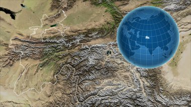 Tacikistan. Zoom haritasına karşı ülkenin şekline sahip bir dünya. uydu resimleri