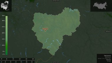 Smolensk, Rusya bölgesi. Gölleri ve nehirleri olan renkli gölge verileri. Ülke alanına karşı bilgilendirici örtülerle sunulan şekil. 3B görüntüleme