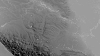 Stavropol, Rusya toprakları. Gölleri ve nehirleri olan gri tonlu bir harita. Ülke alanına göre şekillendirilmiş. 3B görüntüleme