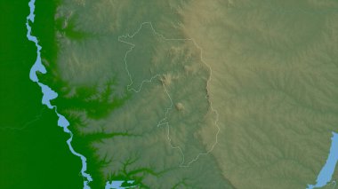 Amambay, Paraguay Departmanı. Gölleri ve nehirleri olan renkli gölge verileri. Ülke alanına göre şekillendirilmiş. 3B görüntüleme