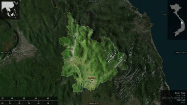 Kon Tum, Vietnam vilayeti. Uydu görüntüleri. Ülke alanına karşı bilgilendirici örtülerle sunulan şekil. 3B görüntüleme