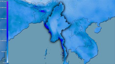 Efsanevi stereografik projeksiyondaki Myanmar bölgesindeki en nemli ayın yağışı - koyu parlak çizgili raster tabakalarının ham bileşimi