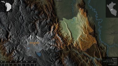 Pasco, Peru bölgesi. Göller ve nehirlerle renkli rahatlama. Ülke alanına karşı bilgilendirici örtülerle sunulan şekil. 3B görüntüleme