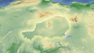 Nijer ve mahallesi. Uzak eğimli perspektif - şekil parlıyordu. renk fiziksel haritası