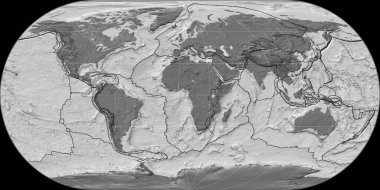 Ortelius Oval projeksiyonunun dünya haritası 11 doğu boylamında. Çift seviyeli topografik harita - gratikül ve tektonik levhalar kenarlı raster bileşimi. 3B illüstrasyon