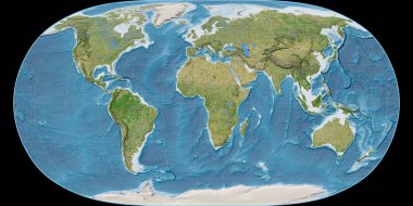 Doğal Dünya projeksiyonundaki dünya haritası 11 Doğu boylamına odaklı. Uydu görüntüsü B - Raster 'ın nadide ve memnuniyet verici bileşimi. 3B illüstrasyon