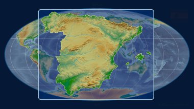 Mollweide projeksiyonundaki küresel bir haritaya karşı İspanya 'nın perspektif çizgileriyle yakınlaştırılmış görüntüsü. Şekil merkezli. renk fiziksel haritası
