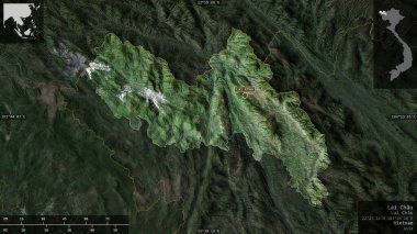 Lai Chau, Vietnam vilayeti. Uydu görüntüleri. Ülke alanına karşı bilgilendirici örtülerle sunulan şekil. 3B görüntüleme