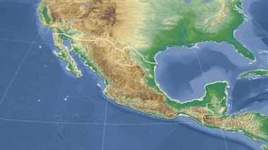 Mexico and its neighborhood. Distant oblique perspective - shape outlined. color physical map clipart